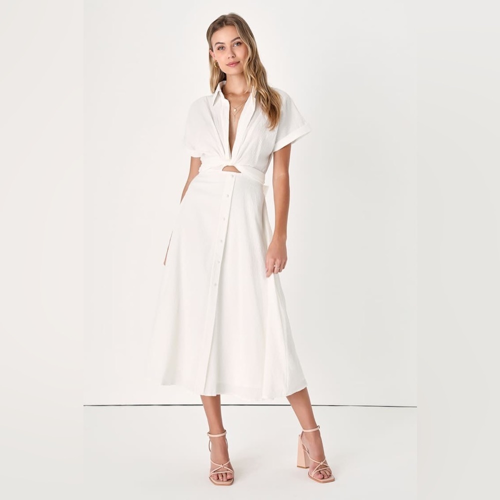 Lulus Palermo Perfection White Collared Midi Dress with Pockets